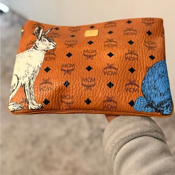 MCM Cognac Visetos Pouch with White Rabbit and Blue Detail - Picture 1 of 7